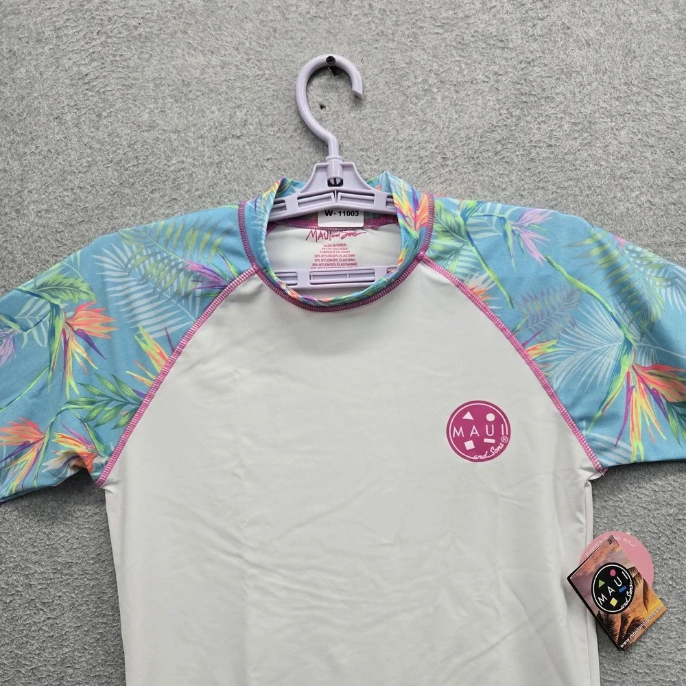 MAUI And Sons Girls Swimwear M (7-9) White Nylon Polyester Rashguard Floral NWT